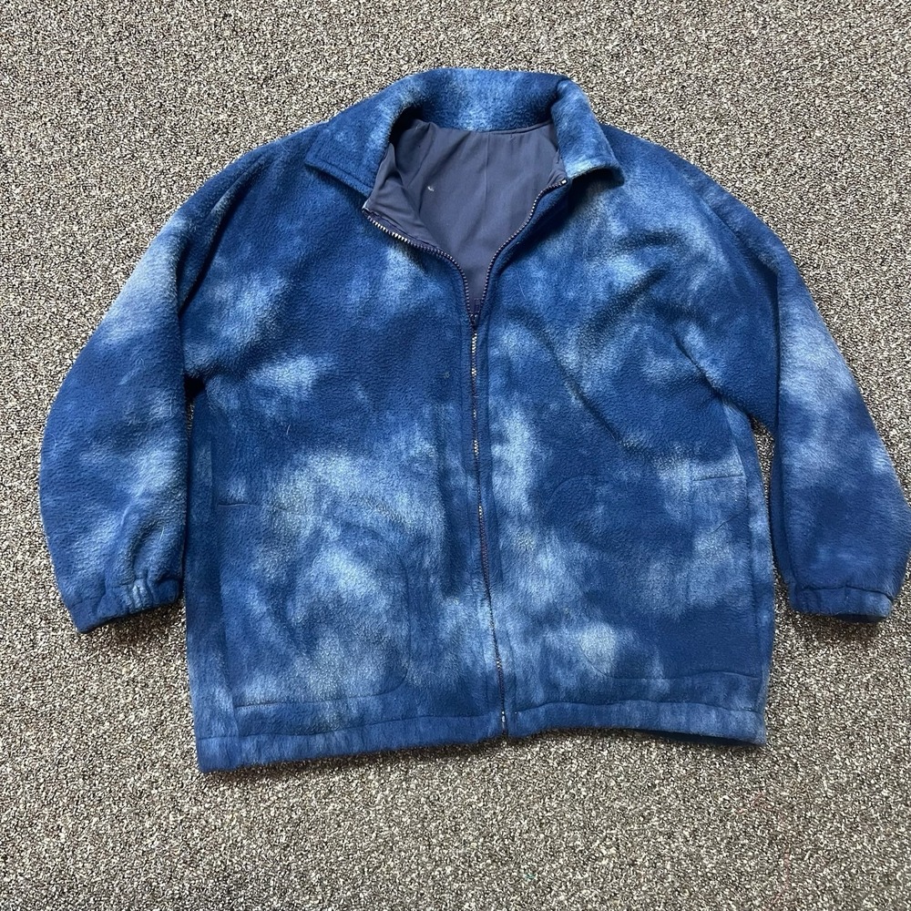 Vintage 1980s Full Zip Up Fleece D Pockets Blue Navy Tie Dye Size Large